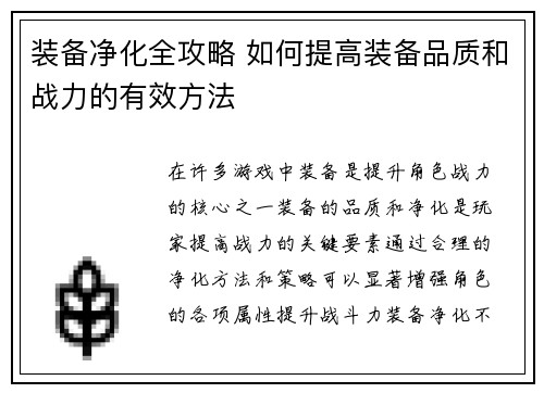 装备净化全攻略 如何提高装备品质和战力的有效方法